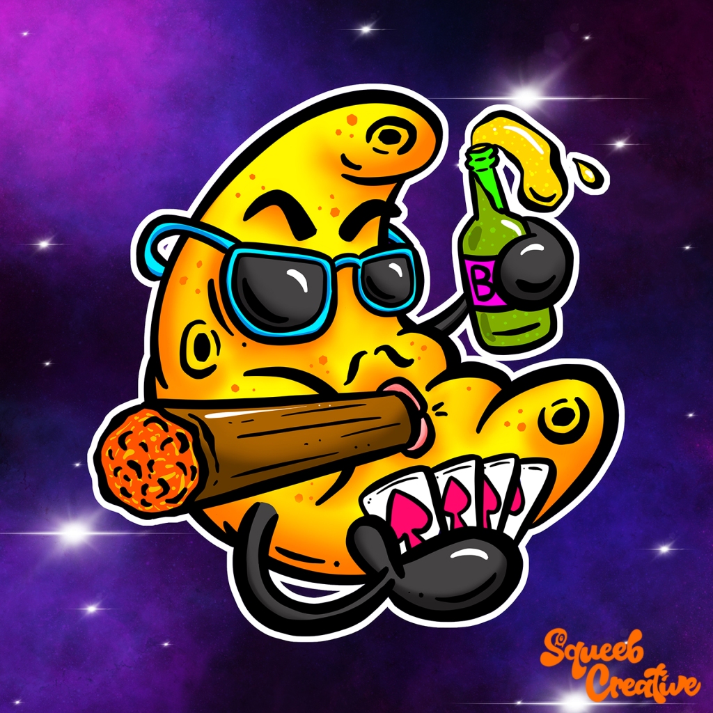 Las Vegas Gambler Moon with beer and cards and a cigar Cartoon Logo Mascot Design by Squeeb Creative