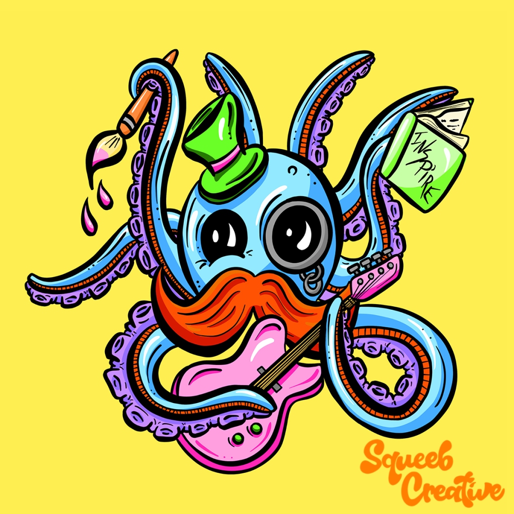 Inspiring octopus character Cartoon Logo Mascot Design by Squeeb Creative