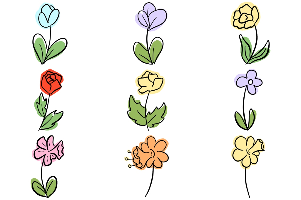 50 Tulip Rose Flower Line Art Collection Doodles by Squeeb Creative