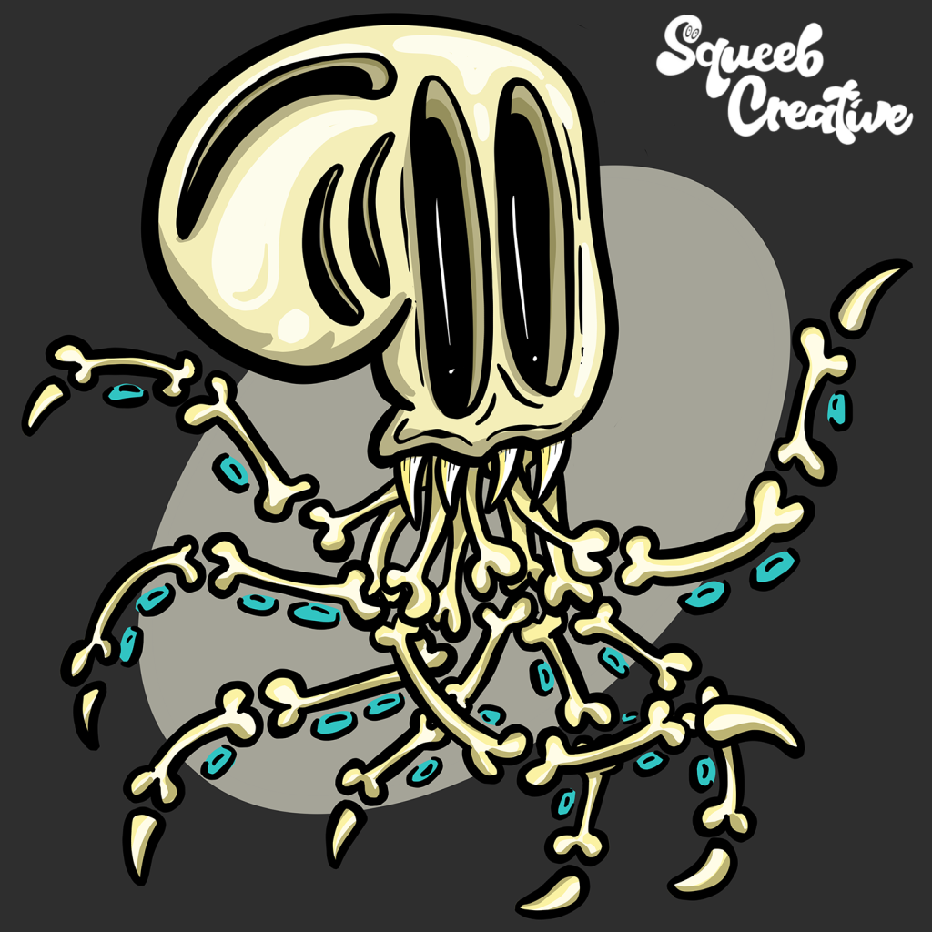 Happy Halloween! Octopus Skeleton Cartoon Character Logo by Squeeb Creative